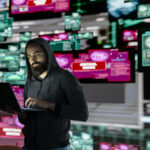 Male hacker operates in stealth mode breaching system access through coding, bypassing firewalls and exploiting vulnerabilities in network security to carry out cyber crime and data infiltration.
